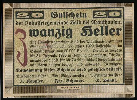 Notgeld Haid bei Mauthausen 1920, 20 Heller, Textschein mit Gebäudemotiv