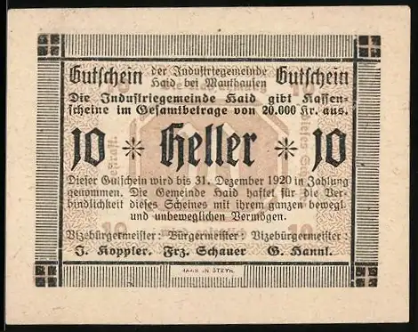 Notgeld Haid 1920, 10 Heller, Textgestaltung und dekorative Umrahmung