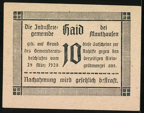 Notgeld Haid 1920, 10 Heller, Textgestaltung und dekorative Umrahmung