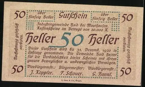 Notgeld Haid 1920, 50 Heller, Kriegsgefangenen-Friedhof der Italiener und Serben