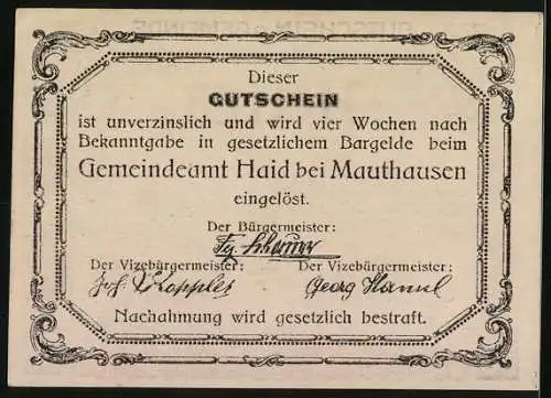 Notgeld Haid bei Mauthausen, 30 Heller, Brückenmotiv über Flusslandschaft