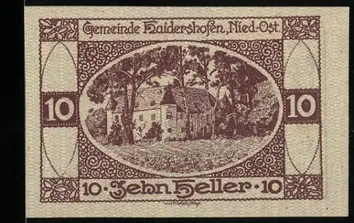 Notgeld Haidershofen 1920, 10 Heller, Gebäude und Bäume, Gemeinde-Gutschein