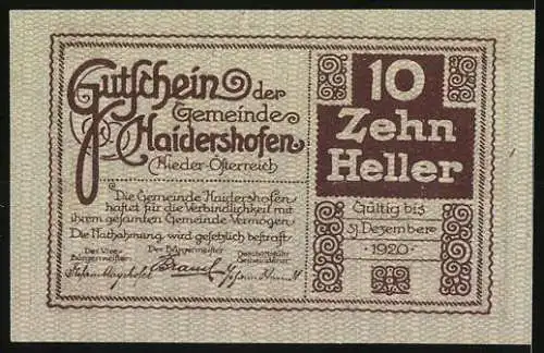 Notgeld Haidershofen 1920, 10 Heller, Gebäude und Bäume, Gemeinde-Gutschein