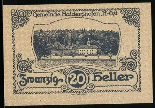 Notgeld Haidershofen 1920, 20 Heller, Landschaft mit Gebäuden und dekorative Umrandung