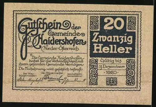 Notgeld Haidershofen 1920, 20 Heller, Landschaft mit Gebäuden und dekorative Umrandung