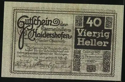 Notgeld Haidershofen 1920, 40 Heller, Kirche und Flusslandschaft