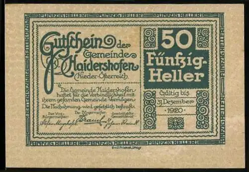 Notgeld Haidershofen 1920, 50 Heller, Kirche und Flusslandschaft, Niederösterreich