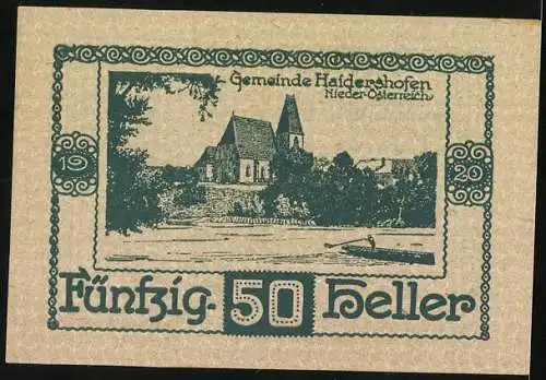 Notgeld Haidershofen 1920, 50 Heller, Kirche und Flusslandschaft, Niederösterreich