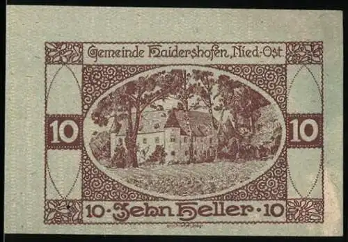 Notgeld Haidershofen 1920, 10 Heller, Gebäudeansicht und dekorative Umrandung