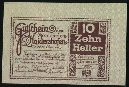 Notgeld Haidershofen 1920, 10 Heller, Gebäudeansicht und dekorative Umrandung