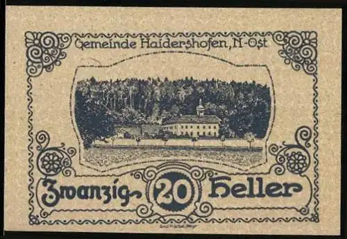 Notgeld Haidershofen 1920, 20 Heller, Gebäude vor Waldszene