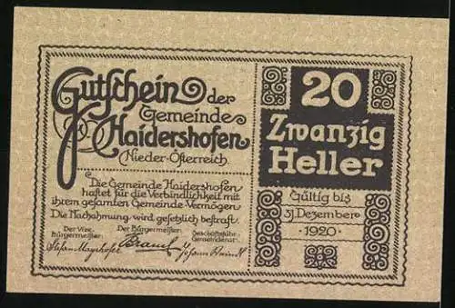 Notgeld Haidershofen 1920, 20 Heller, Gebäude vor Waldszene