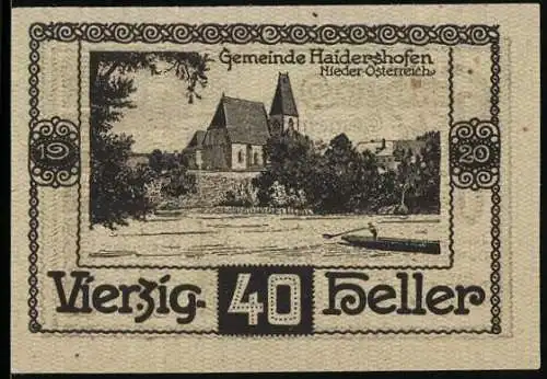 Notgeld Haidershofen 1920, 40 Heller, Kirche und Flusslandschaft in Niederösterreich