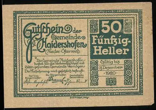 Notgeld Haidershofen 1920, 50 Heller, Kirche und Landschaftsmotiv