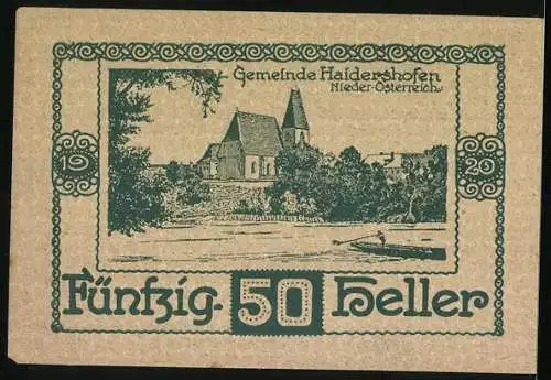 Notgeld Haidershofen 1920, 50 Heller, Kirche und Landschaftsmotiv