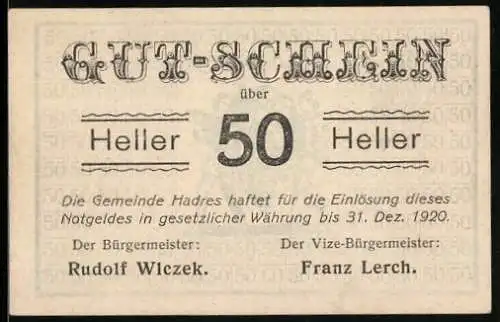 Notgeld Hadres 1920, 50 Heller, Garantie der Gemeinde bis 31. Dez. 1920