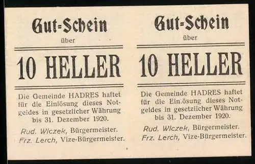 Notgeld Hadres 1920, 10 Heller, Text mit Garantie der Gemeinde und Unterschriften der Bürgermeister