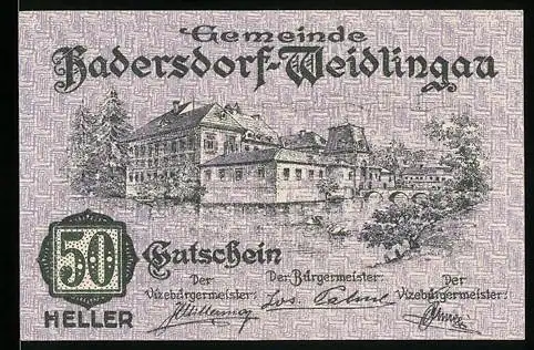 Notgeld Hadersdorf-Weidlingau 1920, 50 Heller, Gebäude und Pavillon im Park