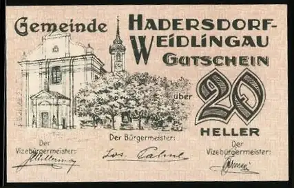 Notgeld Hadersdorf-Weidlingau 1920, 20 Heller, Kirche und Denkmal im Park