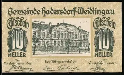 Notgeld Hadersdorf-Weidlingau 1920, 10 Heller, Gebäude und Monument im Park