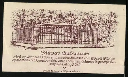 Notgeld Hadersdorf-Weidlingau 1920, 10 Heller, Gebäude und Monument im Park