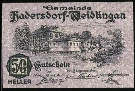 Notgeld Hadersdorf-Weidlingau 1920, 50 Heller, Gebäude und Gartenansicht