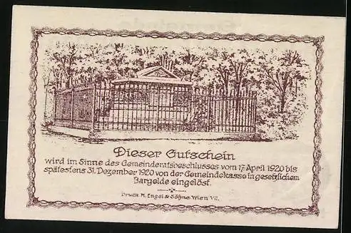 Notgeld Hadersdorf-Weidlingau 1920, 50 Heller, Gebäude und Gartenansicht