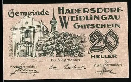 Notgeld Hadersdorf-Weidlingau 1920, 20 Heller, Kirche und Denkmal im Park