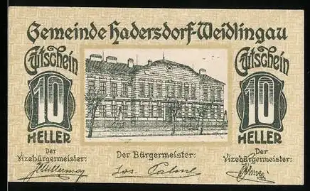 Notgeld Hadersdorf-Weidlingau 1920, 10 Heller, Gebäude und Pavillon im Park