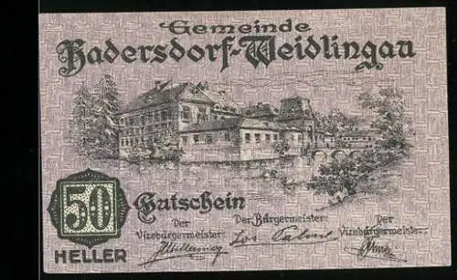 Notgeld Hadersdorf-Weidlingau 1920, 50 Heller, Gebäude und Gartenansicht