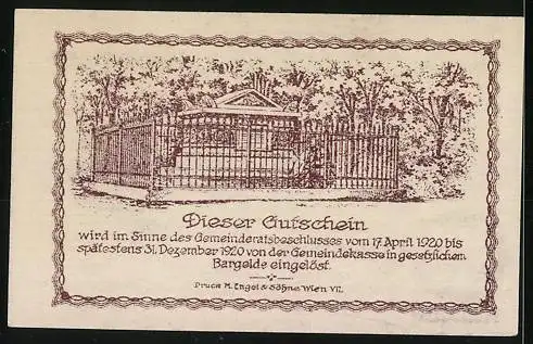 Notgeld Hadersdorf-Weidlingau 1920, 50 Heller, Gebäude und Gartenansicht