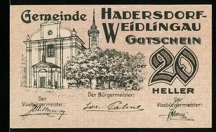 Notgeld Hadersdorf-Weidlingau 1920, 20 Heller, Kirche und Parkansicht, Friedhofstor im Hintergrund