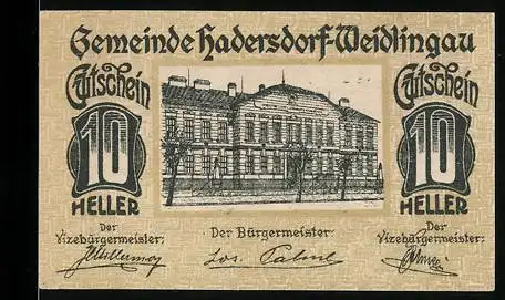 Notgeld Hadersdorf-Weidlingau 1920, 10 Heller, Gebäude und Zaumotiv