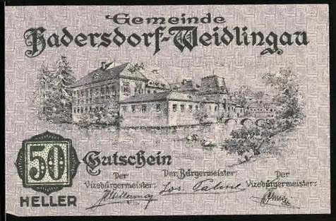 Notgeld Hadersdorf-Weidlingau 1920, 50 Heller, Gebäude und Denkmalansicht