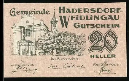 Notgeld Hadersdorf-Weidlingau 1920, 20 Heller, Kirche und Denkmal mit Baumansicht