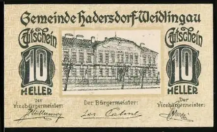 Notgeld Hadersdorf-Weidlingau 1920, 10 Heller, Gebäude und Parkanlage mit Zaun