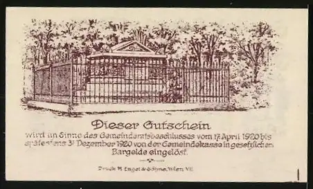 Notgeld Hadersdorf-Weidlingau 1920, 10 Heller, Gebäude und Parkanlage mit Zaun