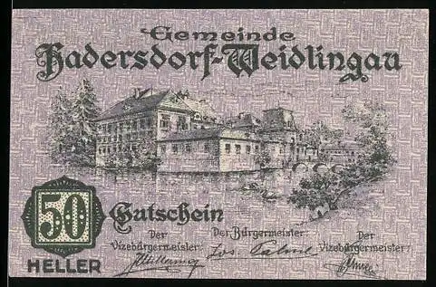 Notgeld Hadersdorf-Weidlingau 1920, 50 Heller, Gebäude mit Landschaft und Zaunansicht