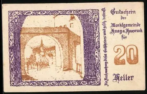 Notgeld Haag am Hausruck 1920, 20 Heller, Stadttor und Wappenmotiv, Seriennummer vorhanden