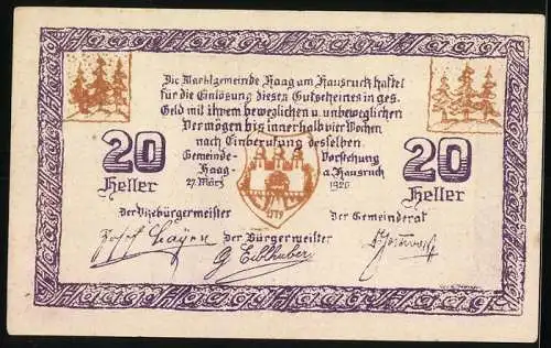 Notgeld Haag am Hausruck 1920, 20 Heller, Stadttor und Wappenmotiv, Seriennummer vorhanden