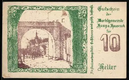 Notgeld Haag 1920, 10 Heller, Stadttor-Motiv mit Burgansicht und Wappen, grüne Bordüre