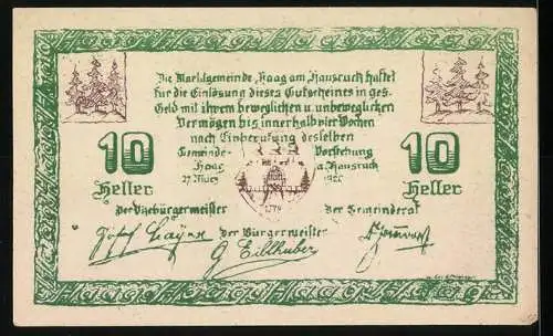 Notgeld Haag 1920, 10 Heller, Stadttor-Motiv mit Burgansicht und Wappen, grüne Bordüre