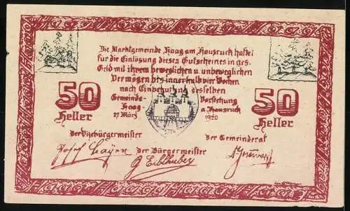 Notgeld Haag am Hausruck 1920, 50 Heller, Stadttor-Motiv, Stadtwappen, Signaturen und Verzierungen