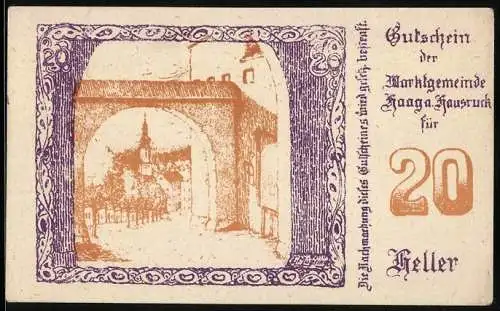 Notgeld Haag am Hausruck 1920, 20 Heller, Torbogen und Stadtansicht, Wappen und Unterschriften