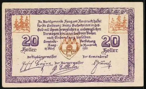 Notgeld Haag am Hausruck 1920, 20 Heller, Torbogen und Stadtansicht, Wappen und Unterschriften