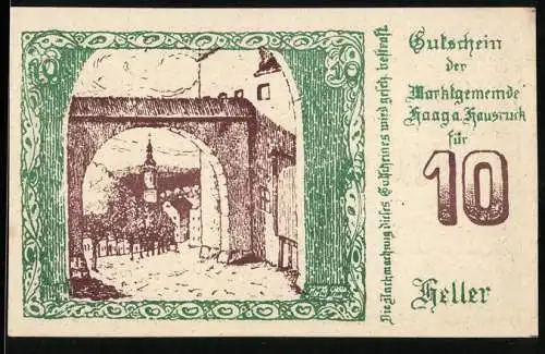 Notgeld Haag am Hausruck 1920, 10 Heller, Stadttor und Wappen, Bäume im Hintergrund