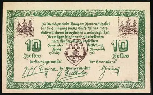 Notgeld Haag am Hausruck 1920, 10 Heller, Stadttor und Wappen, Bäume im Hintergrund