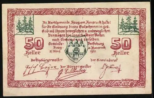 Notgeld Haag am Hausruck 1920, 50 Heller, Torbogen und Kirche, Wappen und Signaturen