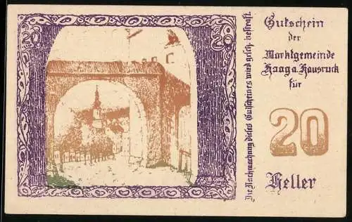 Notgeld Haag am Hausruck 1920, 20 Heller, Stadttor-Motiv, Wappen und Unterschriften