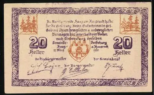 Notgeld Haag am Hausruck 1920, 20 Heller, Stadttor-Motiv, Wappen und Unterschriften